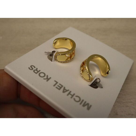 Michael Kors MKJ8007710 Gold Tone MK Logo Pavé Crystals Chunky C Hoop Earrings - Picture 6 of 8